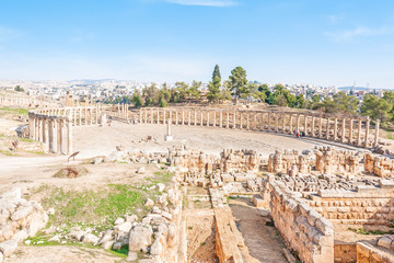 Fototapeta na wymiar Roman Oval Forum in Gerasa, modern Jerash, Jordan