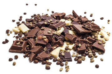 Broken chocolate assortment with coffee beans