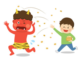 節分　豆まき　逃げる鬼