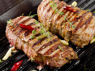 Beef steak on a  grill pan