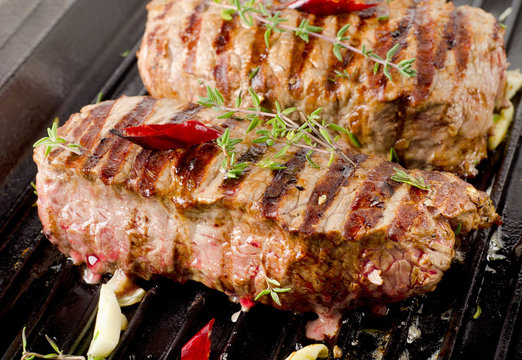 Beef steak on   grill pan