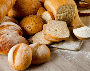 Fresh healthy natural bread on  wooden table