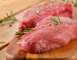 Raw  steak on   wooden table.