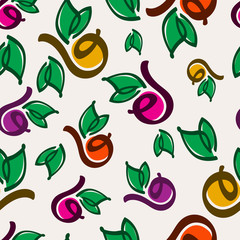 Hand drawn colorful fruits, leaves and berries seamless pattern.