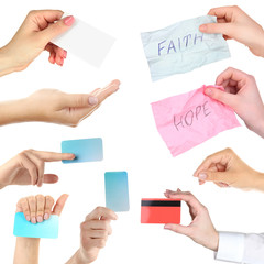 Collage of hands, hands holding empty business cards, credit