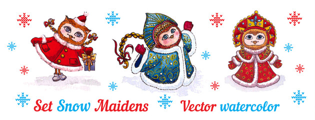 Set-owls Snow Maidens in fur coats. vector watercolor.