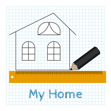 technical drawing house with pencil and ruler