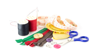 Embroidery tools on white background