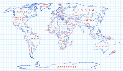 Political map of the world drawn with blue pen