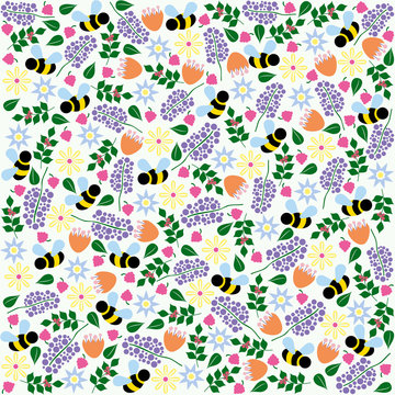 Vector floral and bee pattern