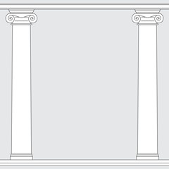black and white line drawing. Ionic order columns frame