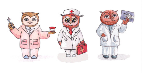 Owls - employees of medicine. Vector watercolor. Set.