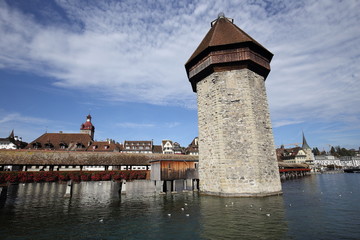 View on the old wooden chapel bridge in Lucerne Switzerland