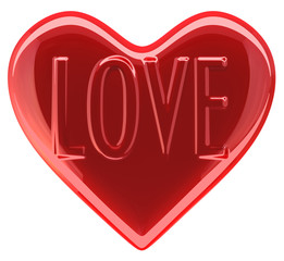 Red shiny heart with word LOVE, isolated on white background