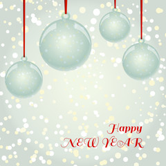 Christmas NewYear greeting card with balls on snowflakes backgro