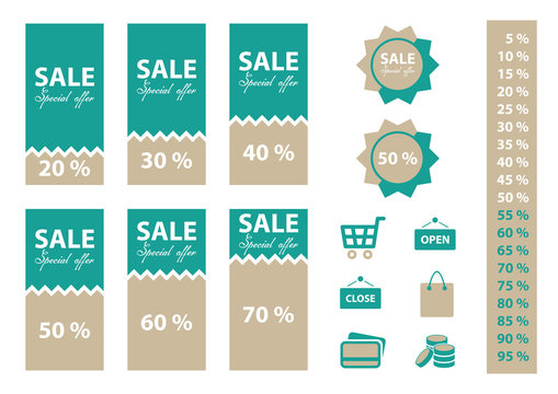 Sale labels set with percentages and shopping icons.