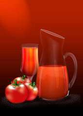 Reife rote Tomaten mit Tomatensaft in Karaffe und Trinkglas