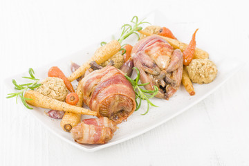 Roasted Quail - Quail roasted with carrots, parsnips & stuffin