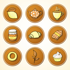 Set tea and sweets round icons