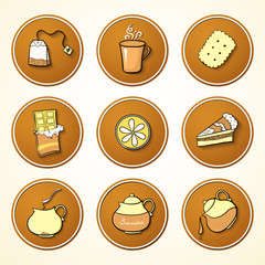 Set tea and sweets round icons