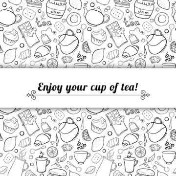 Tea and sweets black and white vector background