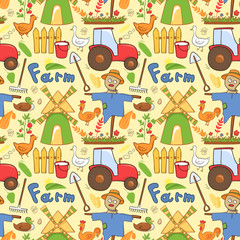 Vector seamless pattern farm elements in doodle style