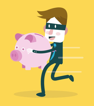 Businessman steal piggy bank. Risk of finance and business.