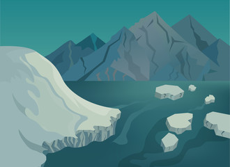 Landscape with snow-capped mountains, blue lake and ice floes