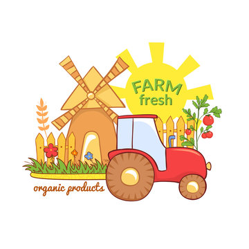 Farm Fresh vector illustration with rural landscape