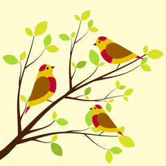 Birds on branches. Yellow with red dots birds.