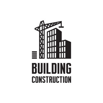Building construction logo. Crane and building construction.