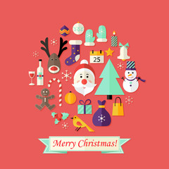 Christmas Card with Flat Icons Set and Santa Claus Red