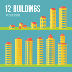 12 building vector icons in flat design style