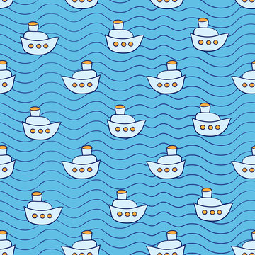 Summer seamless pattern with ship images blue ocean background