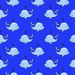 Seamless pattern with whale on blue ocean background in doodle