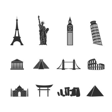 World landmarks black and white icons set