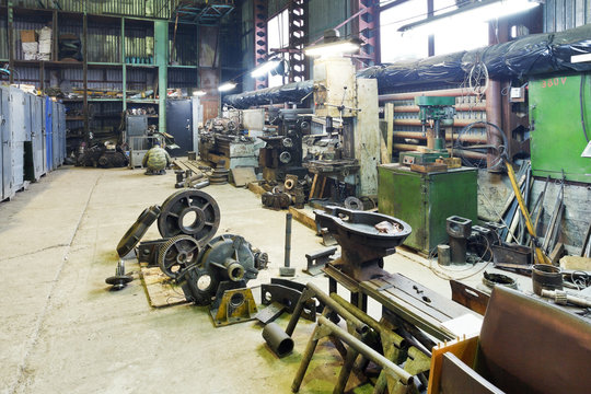 turnery mechanical workshop with lathes and parts