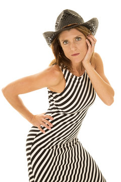 woman in striped dress cowgirl hat look