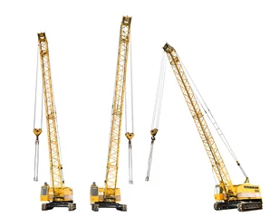 Fotobehang set of construction yellow crawler cranes isolated © vvoe
