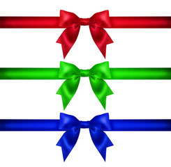Set for design. Red blue green Christmas ribbon, bow, gift