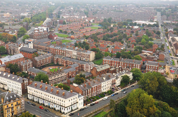 Fototapeta premium Aerial view of Liverpool - autumn fog
