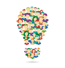 Flat Idea lamp symbolize crowdsourcing process isolated on white