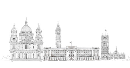 Big Ben, Buckingham palace, St. Paul cathedral, London sketch 
