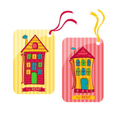 Naklejka premium Two colorful label depicting houses in cartoon style