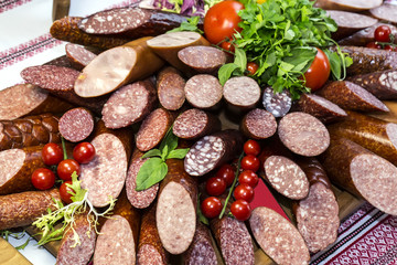 sausage on a wooden plate in a restaurant