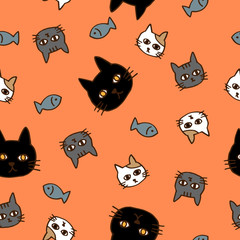 Obraz na płótnie Canvas Hand-drawn seamless pattern of cats and fish in orange