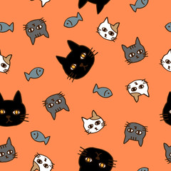 Hand-drawn seamless pattern of cats and fish in orange