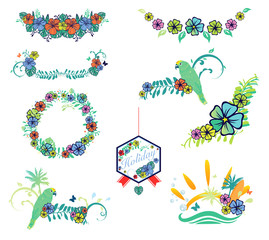 Set of designs on vacation and tropical theme