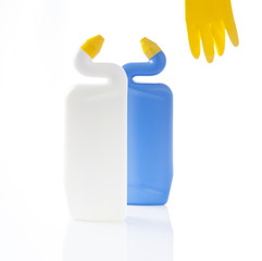 plastic bottle, cleaning sponges and gloves isolated