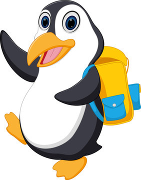 Happy penguin cartoon going to school